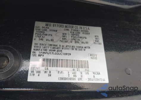 2003 Ford Expedition Eddie Bauer z USA, uszkodzony, nr VIN 1FMFU17L03LC10939